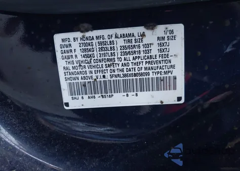 2006 Honda Odyssey Exl из США, поврежденный, VIN 5FNRL386X6B058099